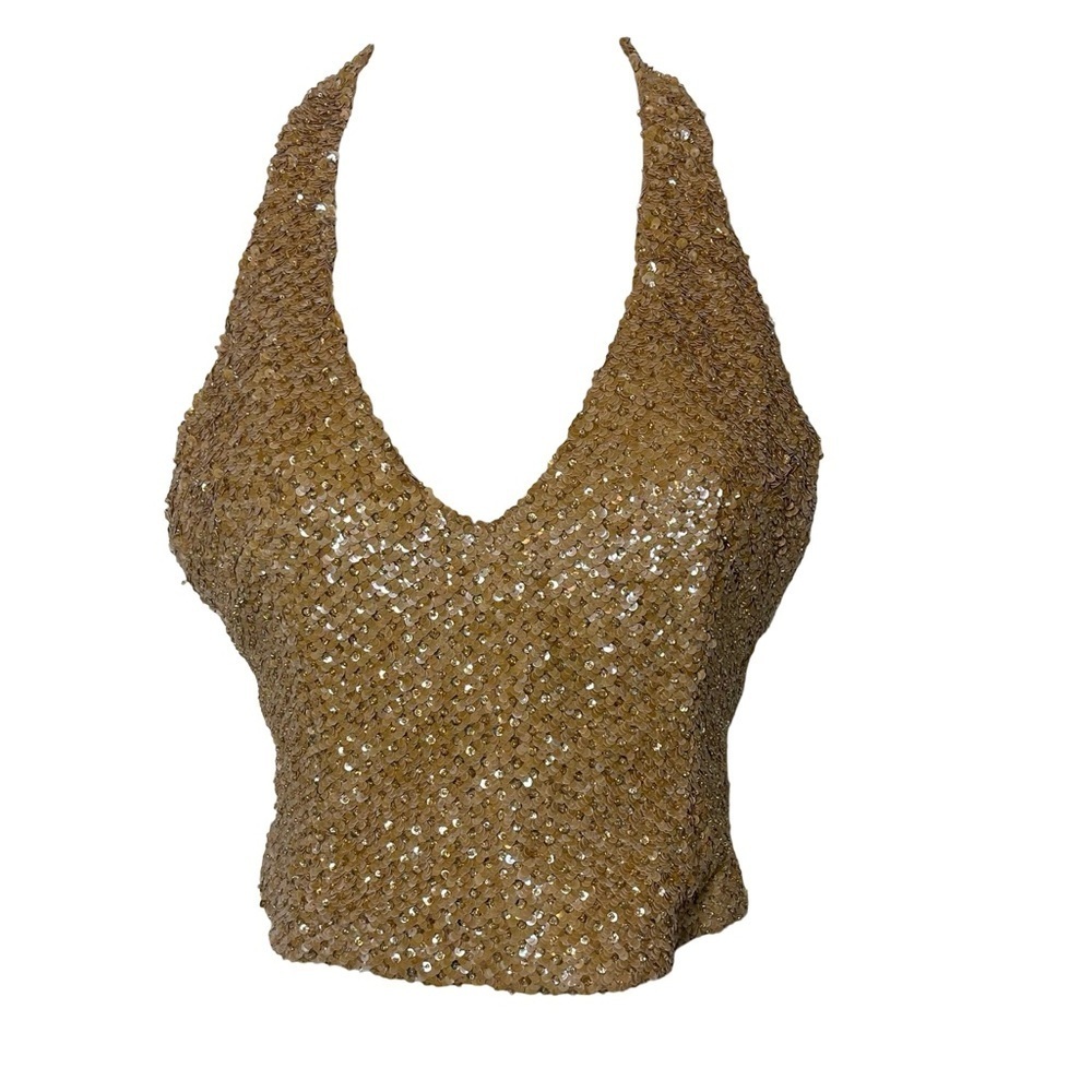 Vintage Y2K Handmade Luxury Gold Sequin Halter neck crop top sz XS